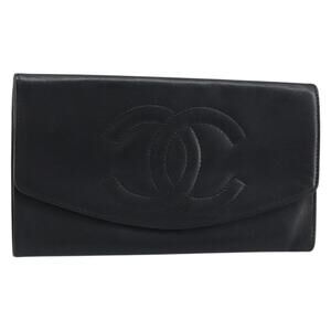Chanel Long Wallet Leather Black Gold CC